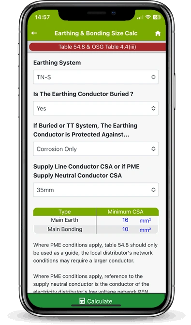 Earthing bonding size calculator